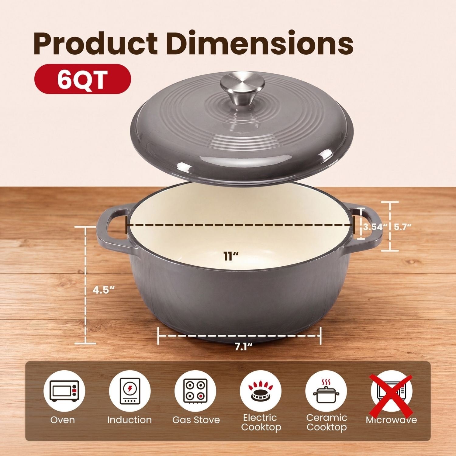 Enameled Cast Iron Dutch Oven Pot with Lid for Bread Baking and Braising 6 Quart Cookware - Image 3