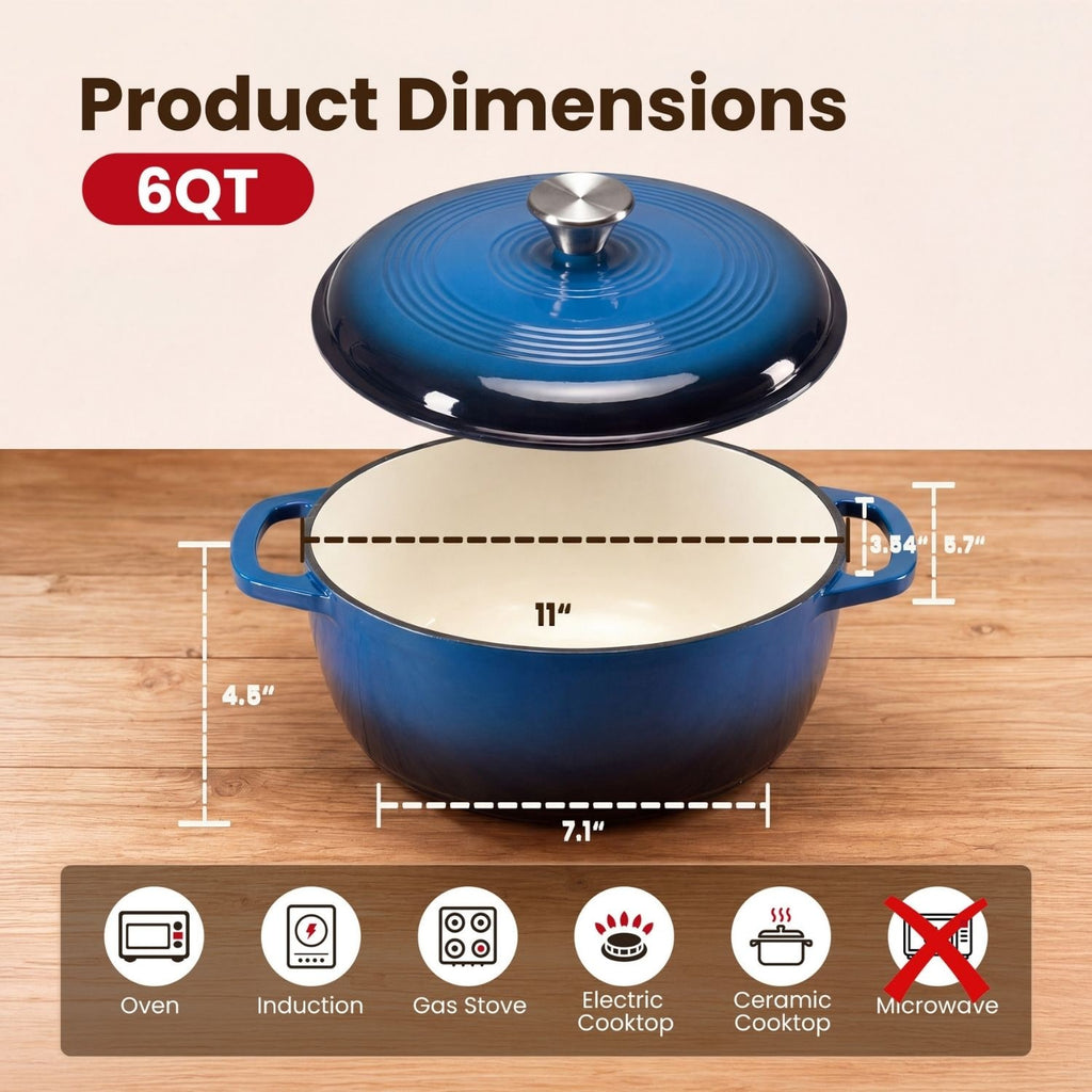 Enameled Cast Iron Dutch Oven Pot with Lid for Bread Baking and Braising 6 Quart Cookware - Image 9