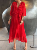 Elegant Chiffon Evening Gown – V-Neck, Short Sleeves, Flowing Fit (S–5XL)