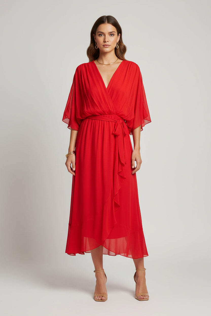 Elegant Chiffon Evening Gown – V-Neck, Short Sleeves, Flowing Fit (S–5XL)