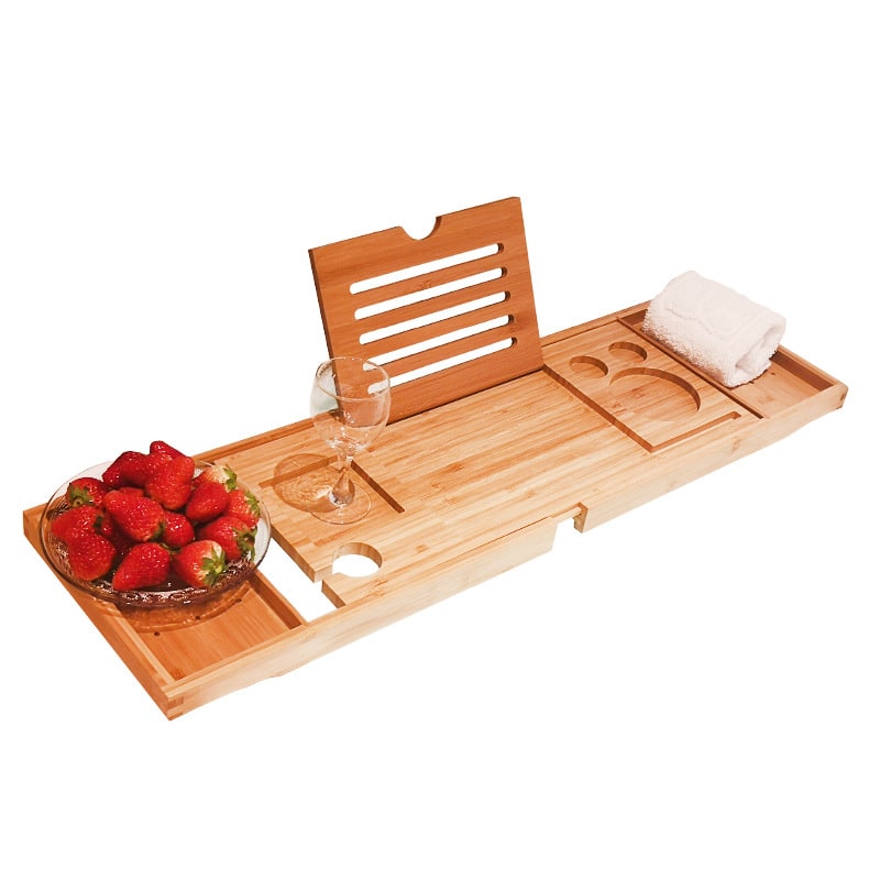Expandable Bamboo Bath Caddy Tray with Folding Legs Wine Glass Slot and Tablet Stand - Image 2