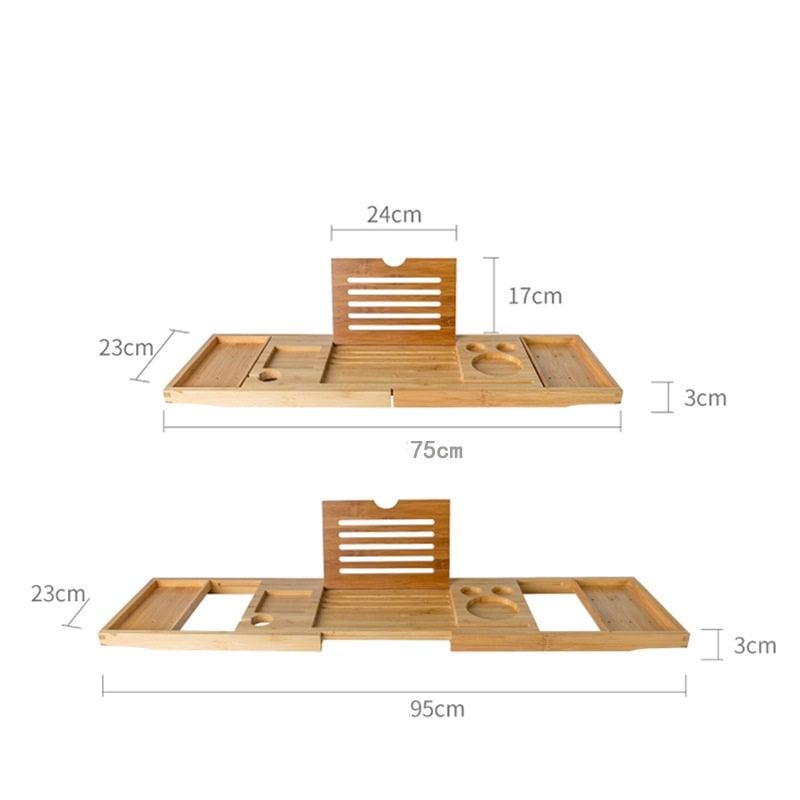 Expandable Bamboo Bath Caddy Tray with Folding Legs Wine Glass Slot and Tablet Stand - Image 3