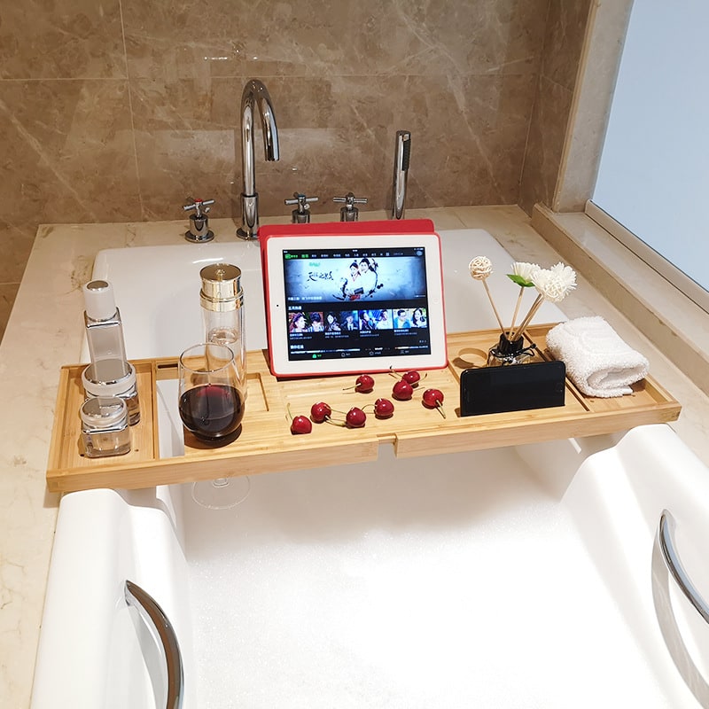 Expandable Bamboo Bath Caddy Tray with Folding Legs Wine Glass Slot and Tablet Stand - Image 4