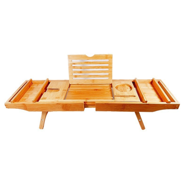 Expandable Bamboo Bath Caddy Tray with Folding Legs Wine Glass Slot and Tablet Stand - Image 5