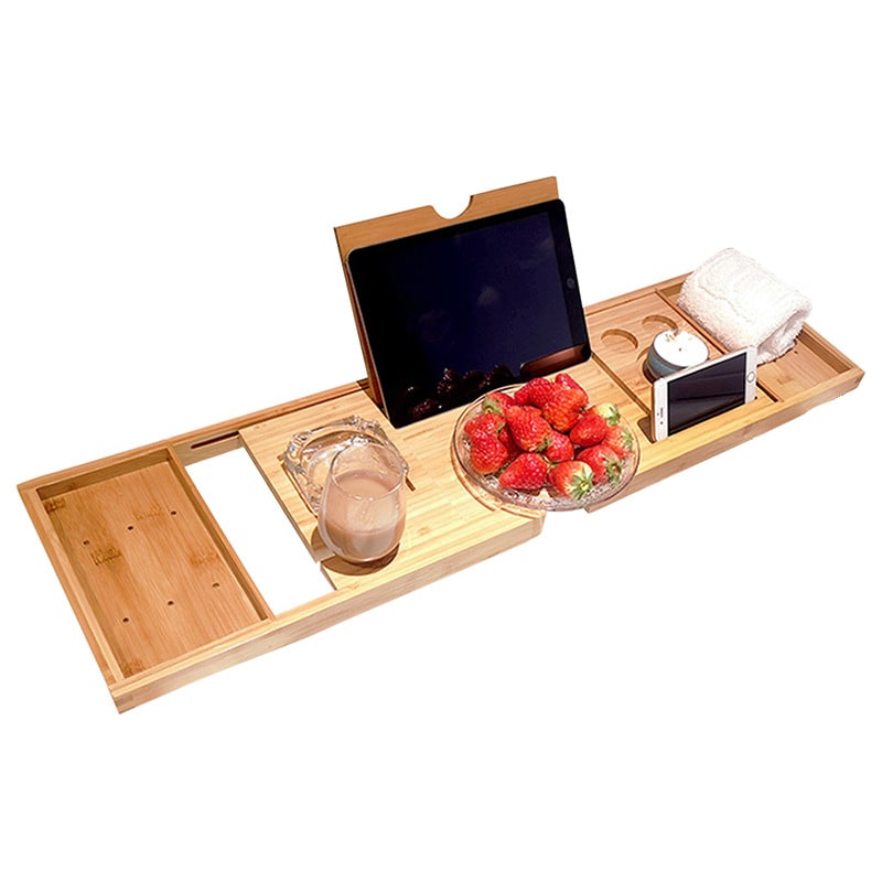 Expandable Bamboo Bath Caddy Tray with Folding Legs Wine Glass Slot and Tablet Stand - Image 7