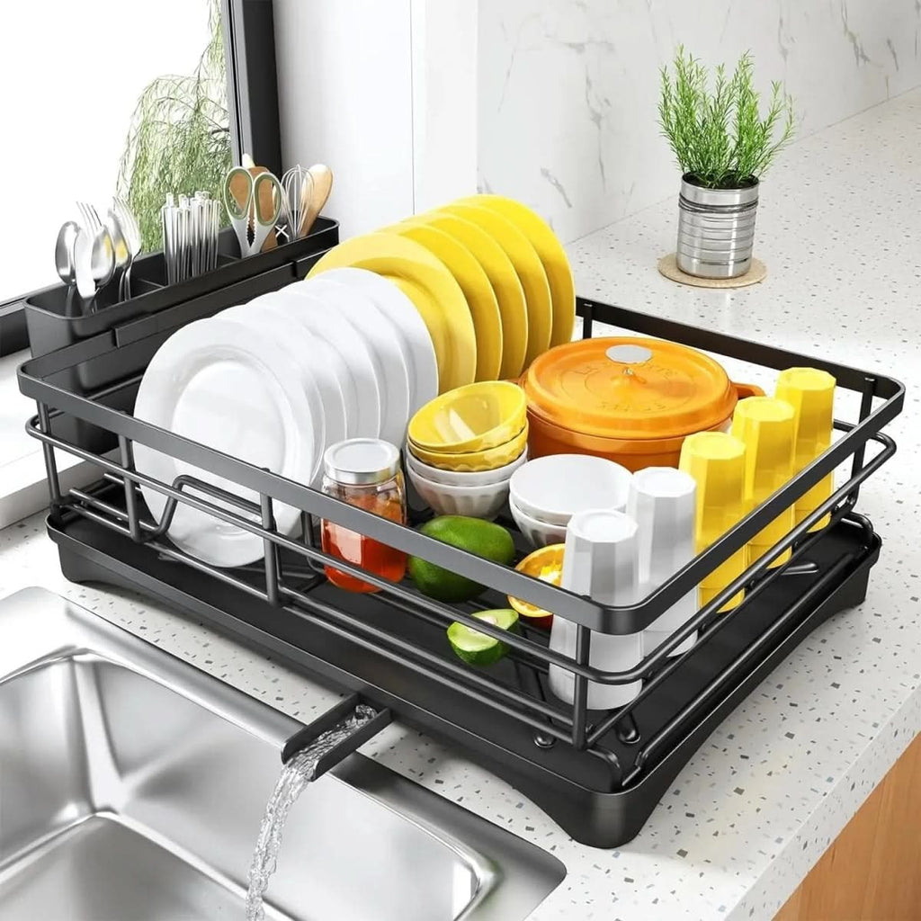 Expandable Dish Drying Rack with Integrated Drip Tray and Over the Sink Extension - Image 1
