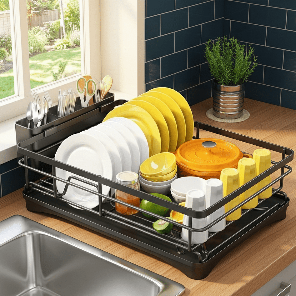 Expandable Dish Drying Rack with Integrated Drip Tray and Over the Sink Extension - Image 2