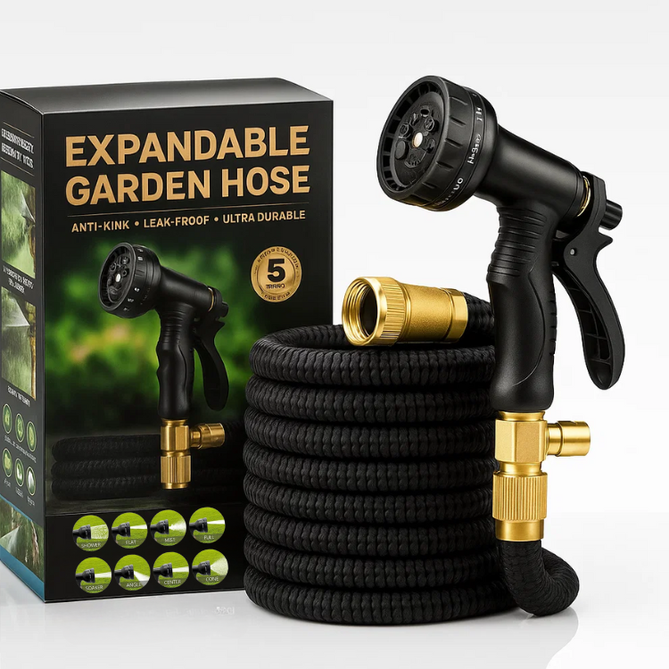 Expandable Expanding Garden Hose with 8-Pattern Spray Nozzle Brass Fittings and Anti-Kink Design - Image 1