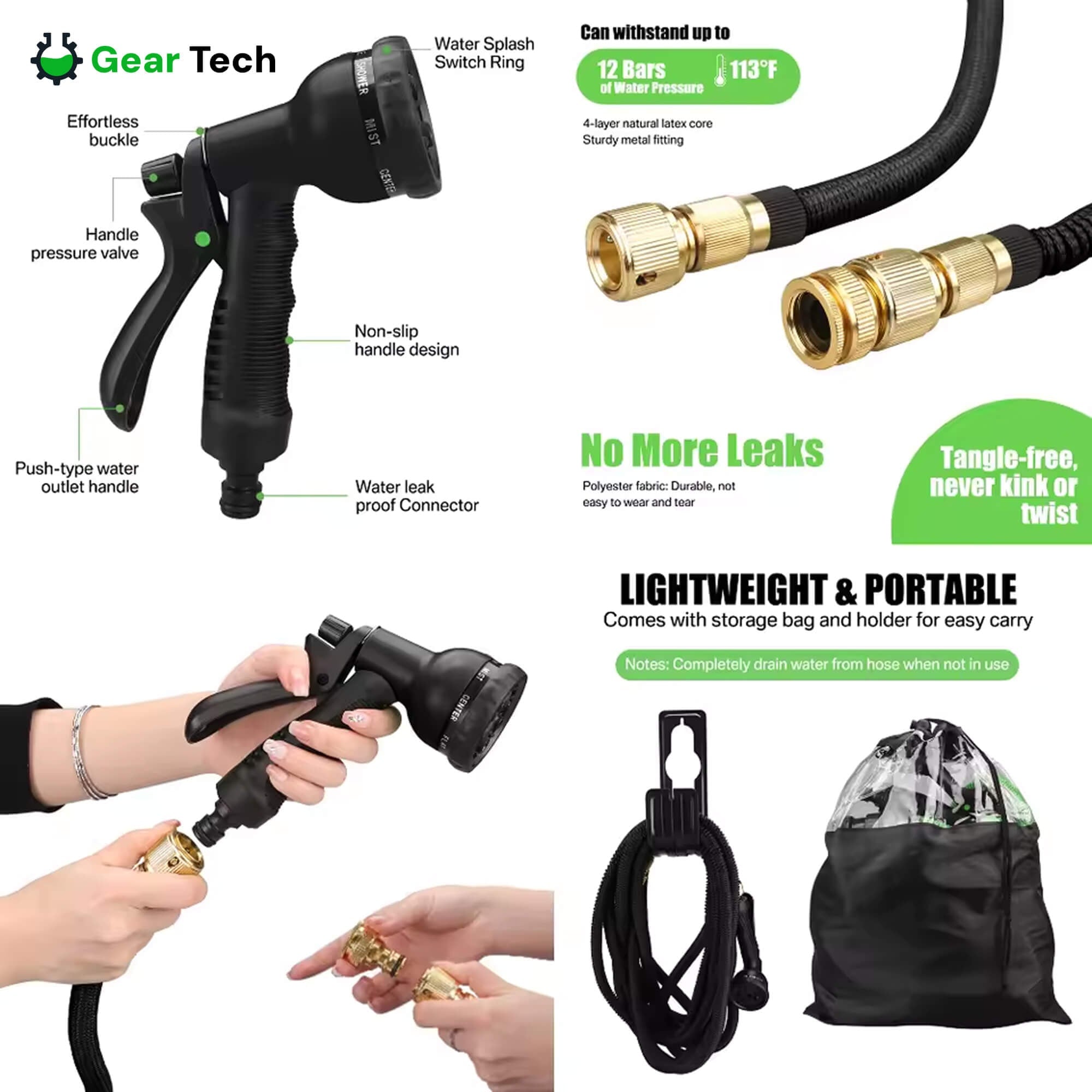 Expandable Expanding Garden Hose with 8-Pattern Spray Nozzle Brass Fittings and Anti-Kink Design - Image 3