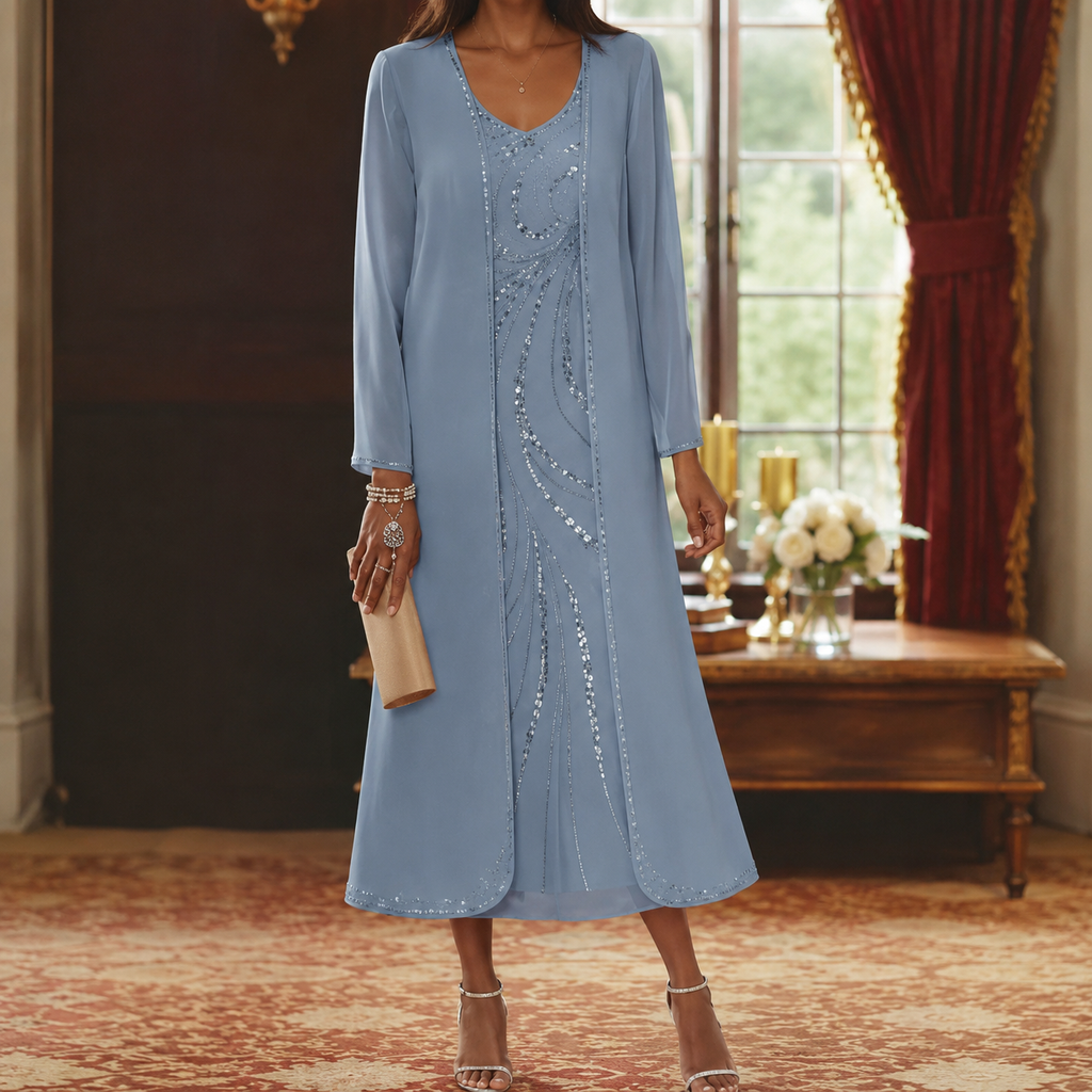 Columnar Elegance V-Neck Ankle-Length Matron Gown with Jacket & Sequined Beading