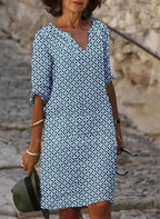 Women’s Vintage-Inspired Mini Summer Dress – Split Neck Dress with 3/4 Sleeves for Casual Wear and Holidays