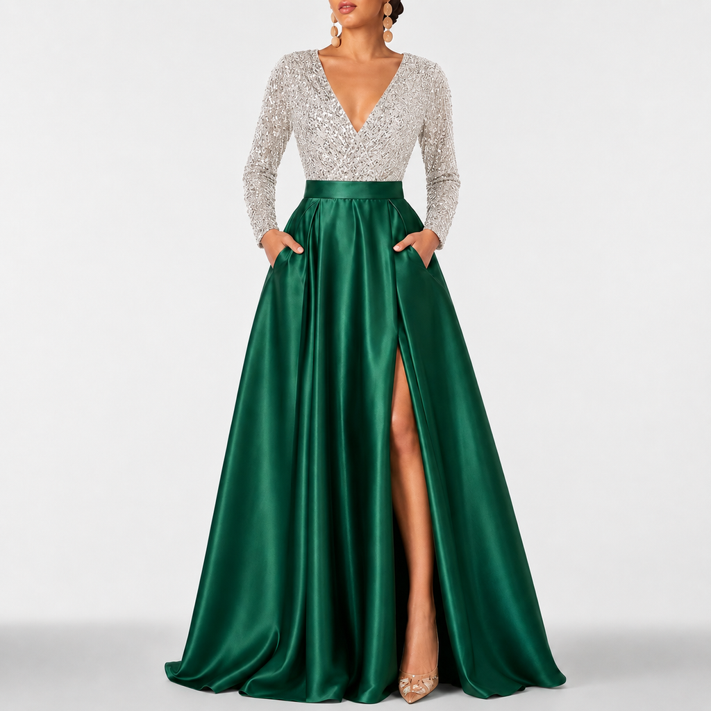A-Line Princess VivaGlam V-Neck Long Sleeves Floor-Length Elegance Gown for the Mother of the Bride with Pockets & Sequins