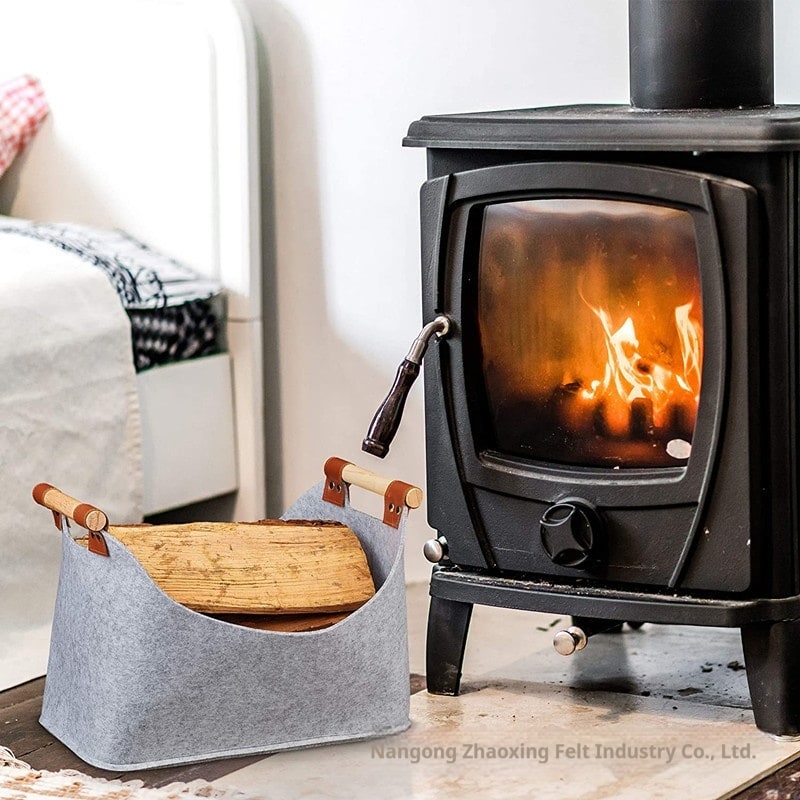 Felt Firewood Storage Basket with Wooden Handles and Leather Straps - Image 3