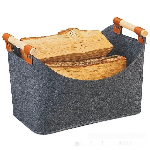 Felt Firewood Storage Basket with Wooden Handles and Leather Straps - Image 4