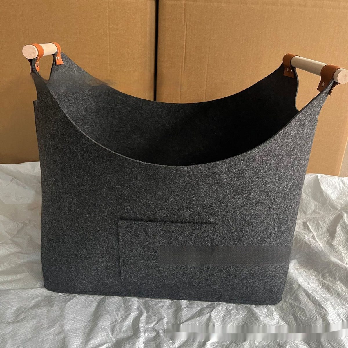 Felt Firewood Storage Basket with Wooden Handles and Leather Straps - Image 6