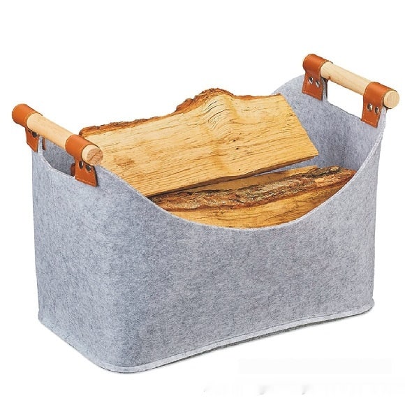Felt Firewood Storage Basket with Wooden Handles and Leather Straps - Image 7
