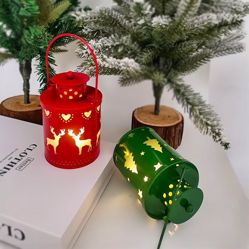 Festive Christmas Lantern with LED Light and Metal Cutout Design Outdoor Wall - Image 1