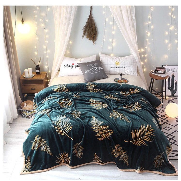 Fleece Throw Blanket with Faux Fur Soft Plush Botanical Leaf Print and Flannel Finish - Image 2