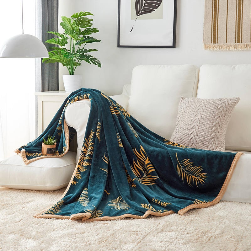 Fleece Throw Blanket with Faux Fur Soft Plush Botanical Leaf Print and Flannel Finish - Image 3
