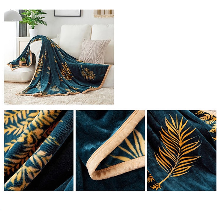 Fleece Throw Blanket with Faux Fur Soft Plush Botanical Leaf Print and Flannel Finish - Image 4