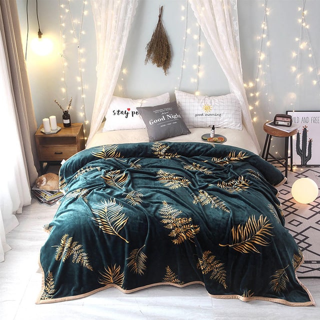 Fleece Throw Blanket with Faux Fur Soft Plush Botanical Leaf Print and Flannel Finish - Image 5