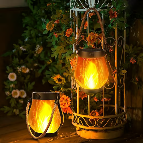 Flickering Flame Solar Light Lantern with Rope Handle for Outdoor Hanging - Image 1
