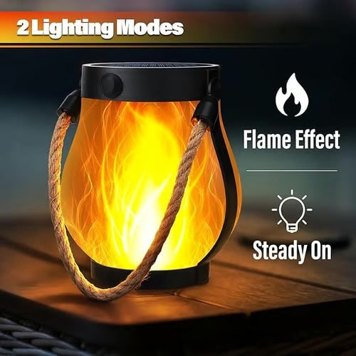 Flickering Flame Solar Light Lantern with Rope Handle for Outdoor Hanging - Image 2