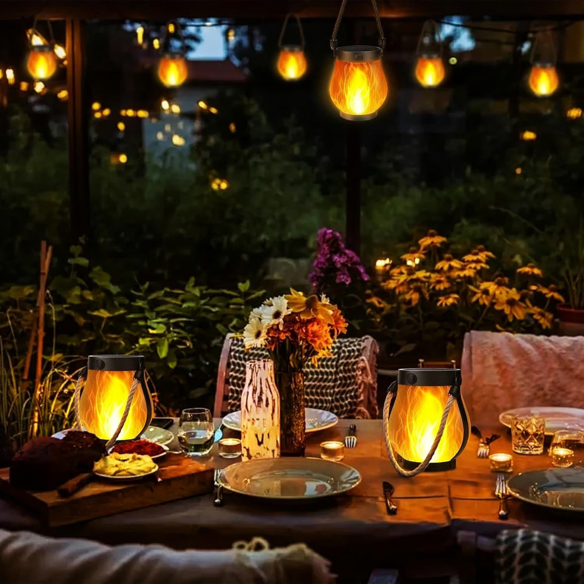 Flickering Flame Solar Light Lantern with Rope Handle for Outdoor Hanging - Image 3