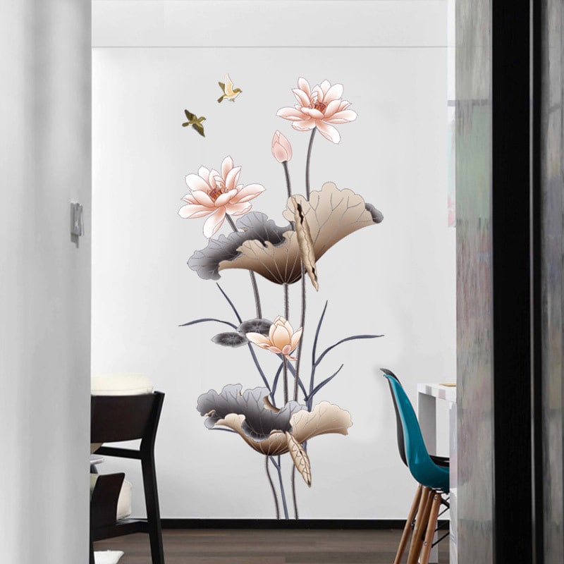 Flower Wall Decal Sticker Vinyl Art with Peel and Stick Lotus Blossoms and Birds Rainbow - Image 1