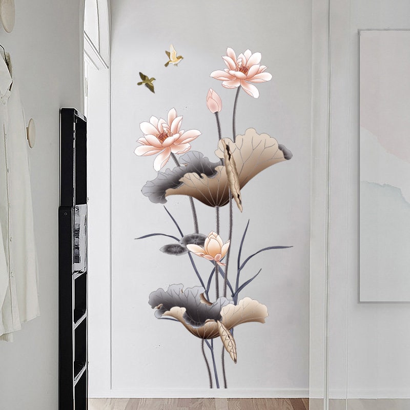 Flower Wall Decal Sticker Vinyl Art with Peel and Stick Lotus Blossoms and Birds Rainbow - Image 2