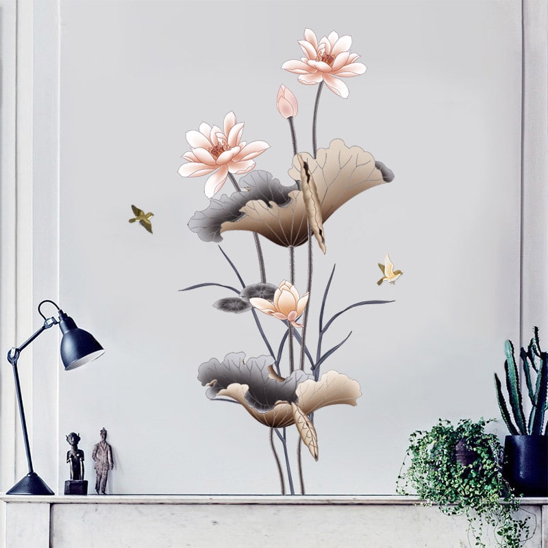 Flower Wall Decal Sticker Vinyl Art with Peel and Stick Lotus Blossoms and Birds Rainbow - Image 3