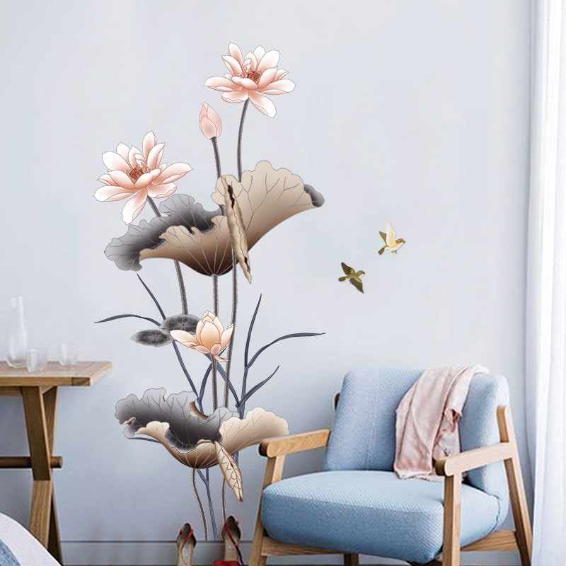 Flower Wall Decal Sticker Vinyl Art with Peel and Stick Lotus Blossoms and Birds Rainbow - Image 4