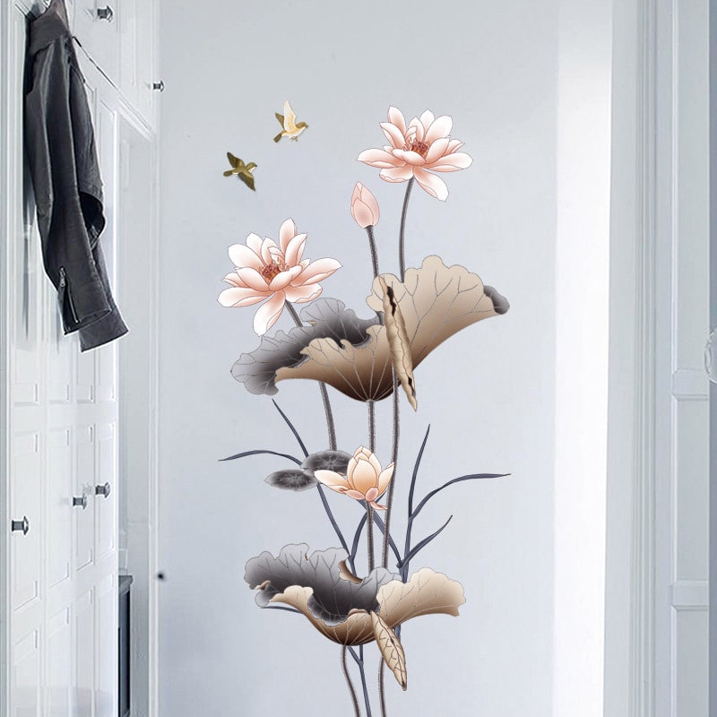 Flower Wall Decal Sticker Vinyl Art with Peel and Stick Lotus Blossoms and Birds Rainbow - Image 5