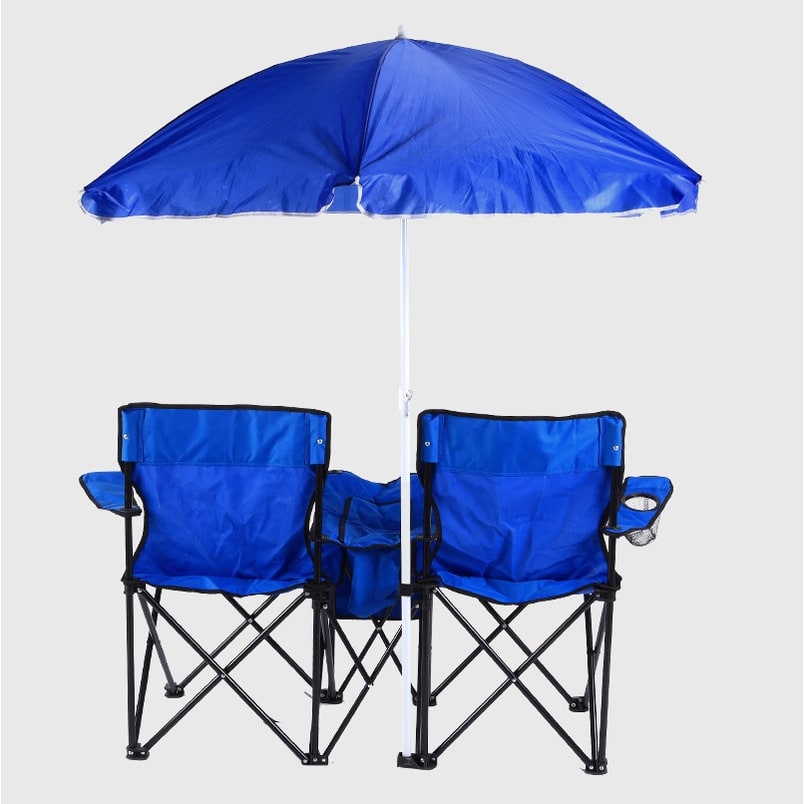 Foldable Double Collapsible Camping Chair with Cooler Console and Umbrella Rocking - Image 1