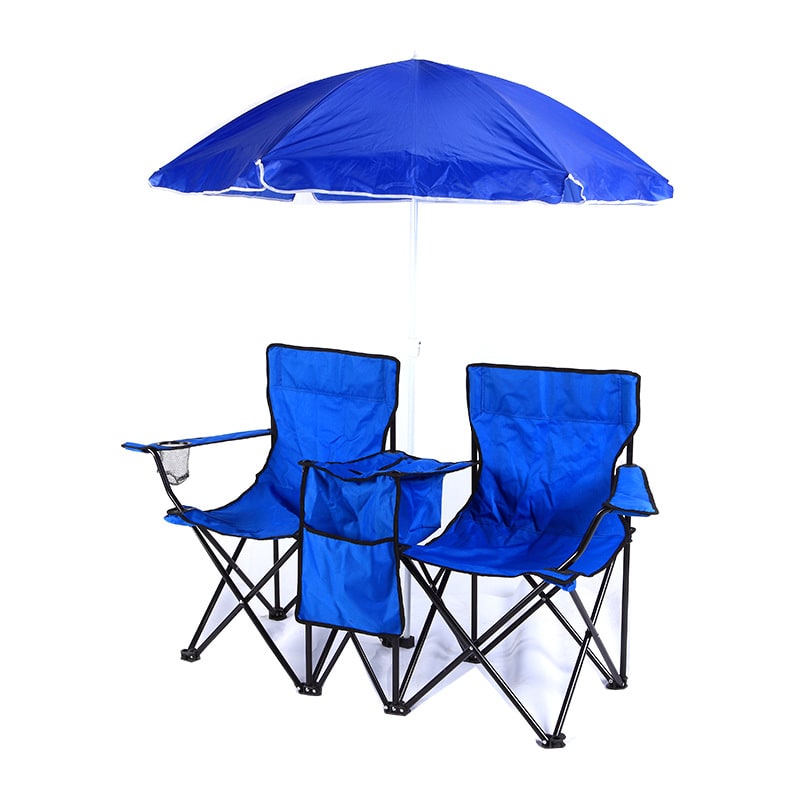 Foldable Double Collapsible Camping Chair with Cooler Console and Umbrella Rocking - Image 2