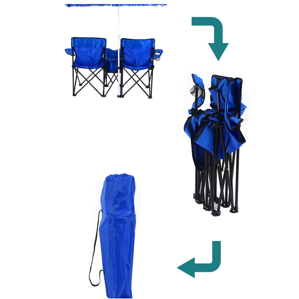 Foldable Double Collapsible Camping Chair with Cooler Console and Umbrella Rocking - Image 6