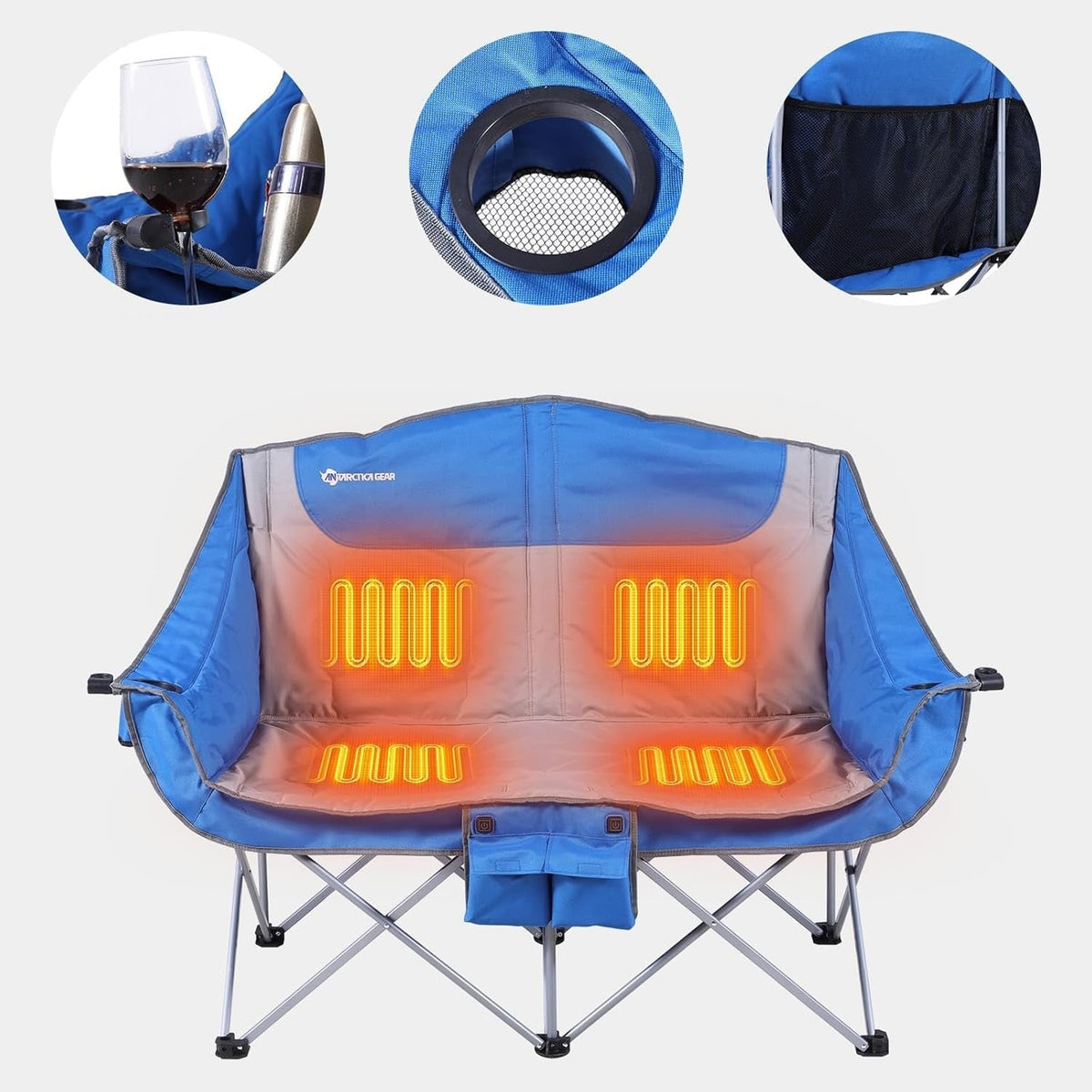 Foldable Double Collapsible Camping Chair with Heated Battery Pack and Cup Holder - Image 2