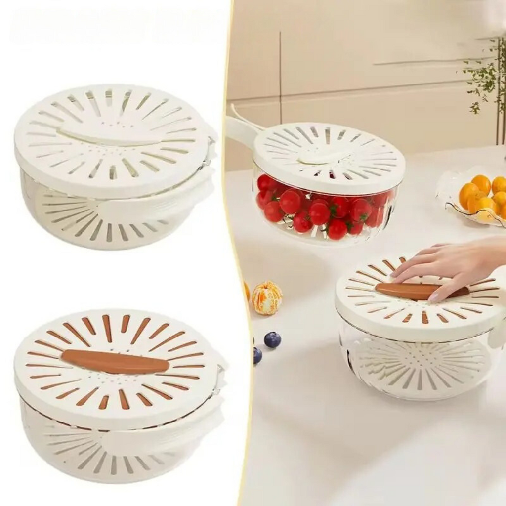 Food Storage Container Fruit Colander with Stackable Plastic Design and Folding Handle - Image 1