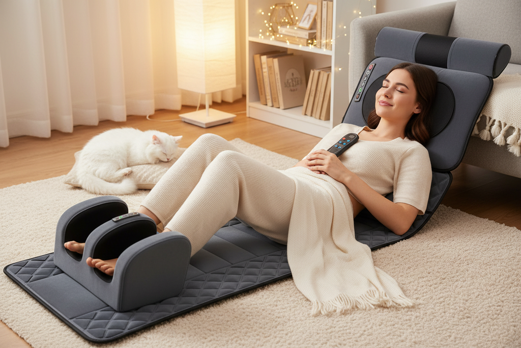 Full Body Massage Mat with Heated Neck and Foot Massager Foldable Quilted Pad with Remote Control - Image 1