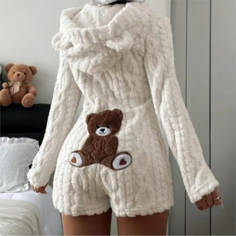 Fuzzy Hooded Romper with Teddy Bear Patch and Cable Knit Texture - Image 1