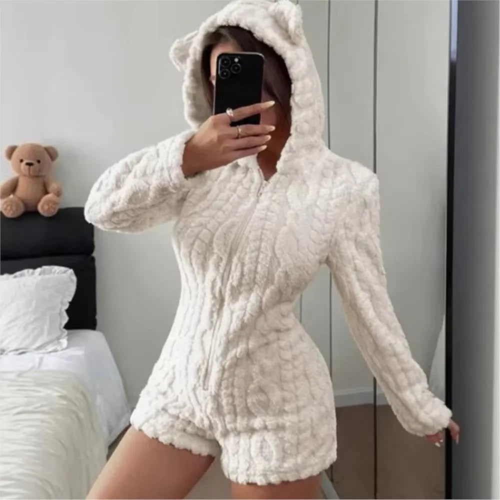 Fuzzy Hooded Romper with Teddy Bear Patch and Cable Knit Texture - Image 2