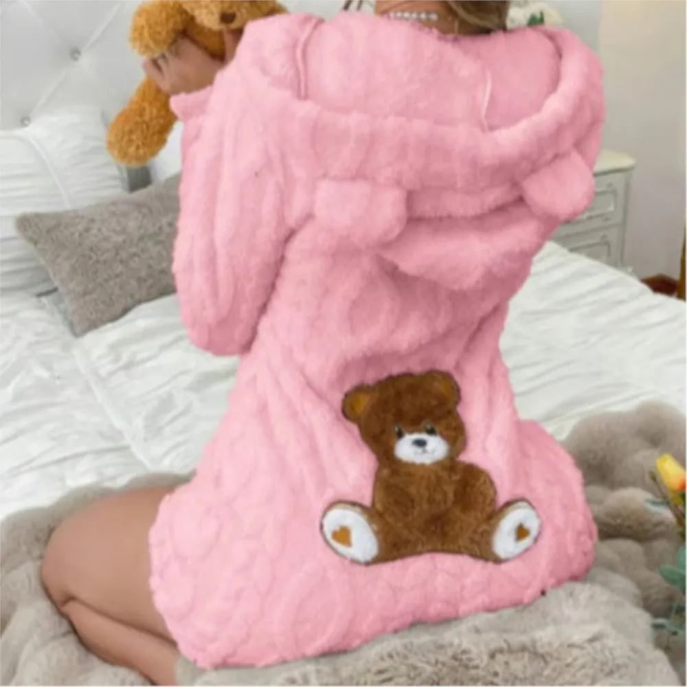 Fuzzy Hooded Romper with Teddy Bear Patch and Cable Knit Texture - Image 3