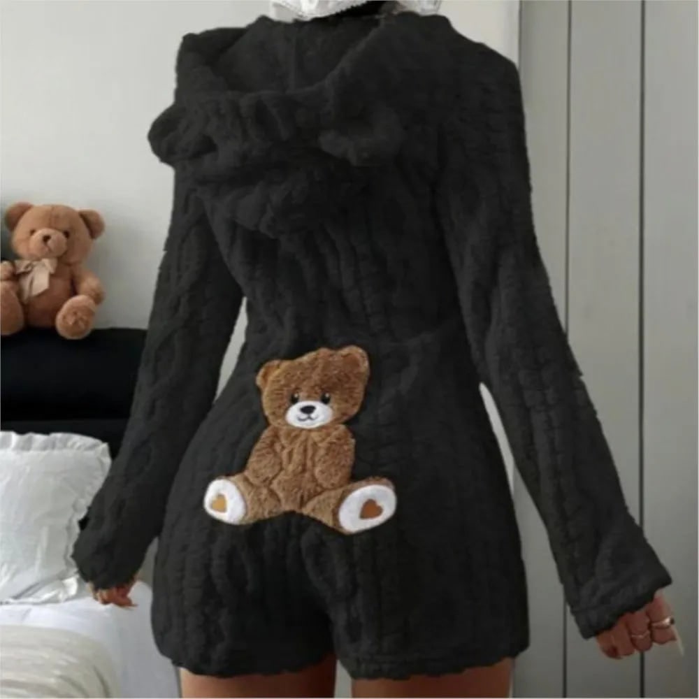Fuzzy Hooded Romper with Teddy Bear Patch and Cable Knit Texture - Image 4