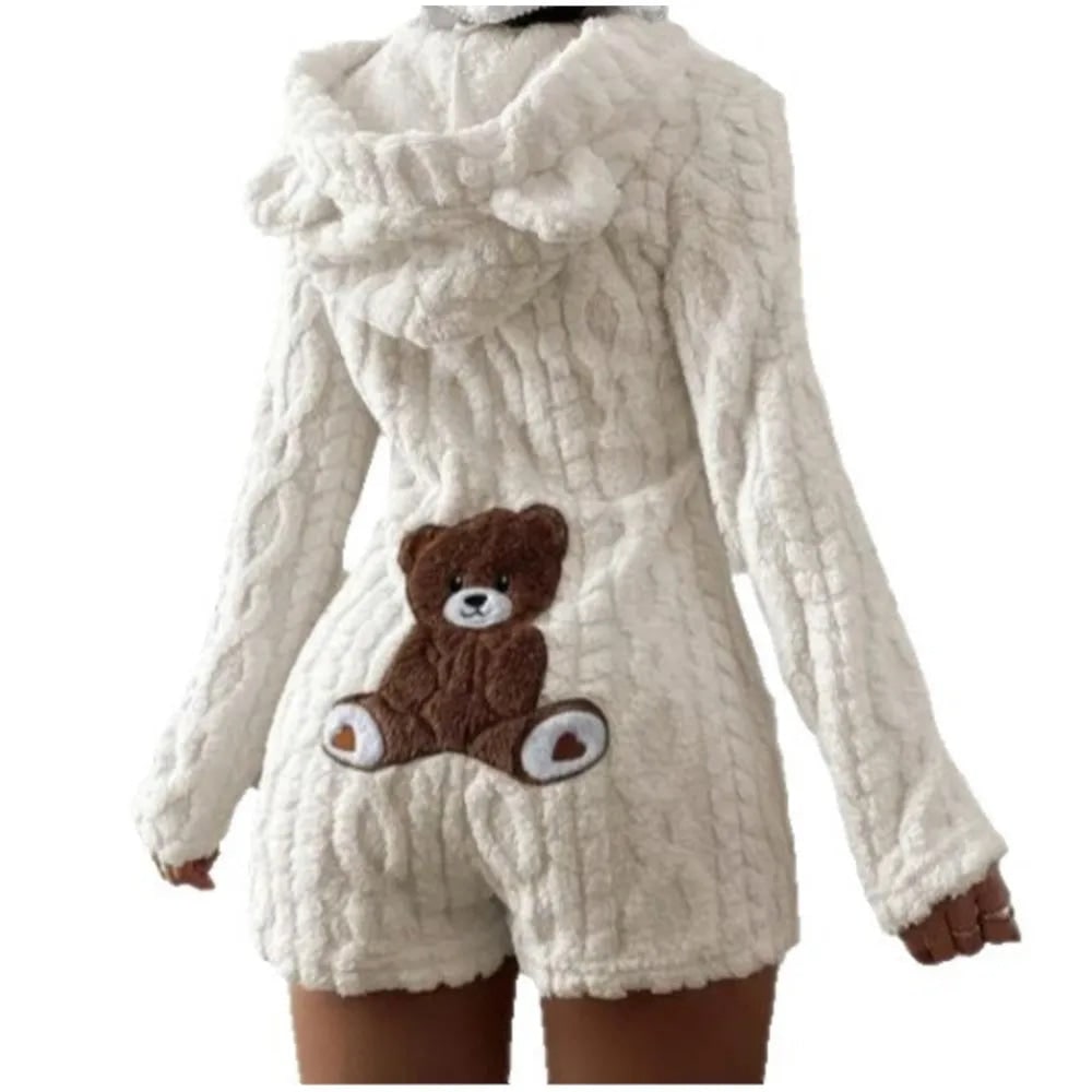 Fuzzy Hooded Romper with Teddy Bear Patch and Cable Knit Texture - Image 5