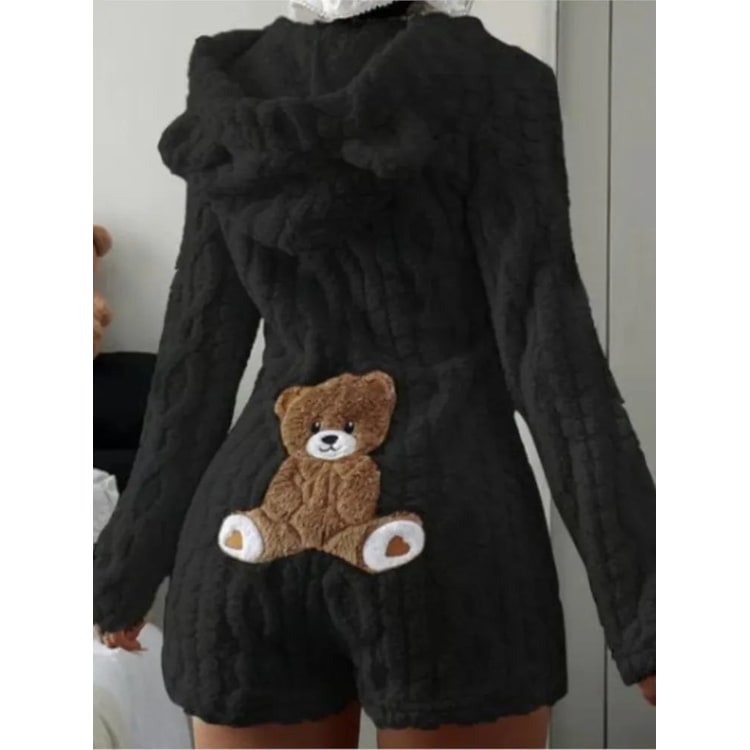 Fuzzy Hooded Romper with Teddy Bear Patch and Cable Knit Texture - Image 6