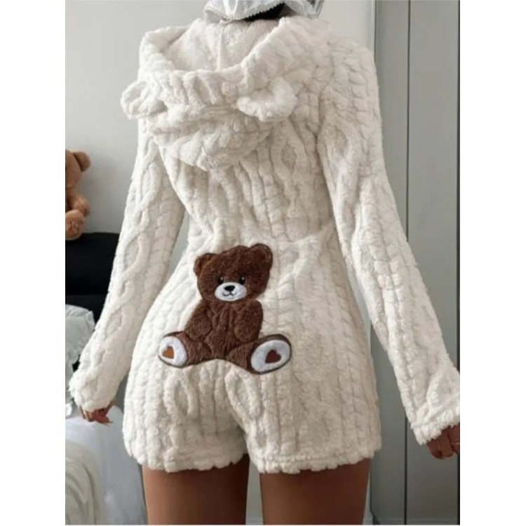 Fuzzy Hooded Romper with Teddy Bear Patch and Cable Knit Texture - Image 7