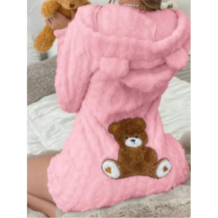 Fuzzy Hooded Romper with Teddy Bear Patch and Cable Knit Texture - Image 8