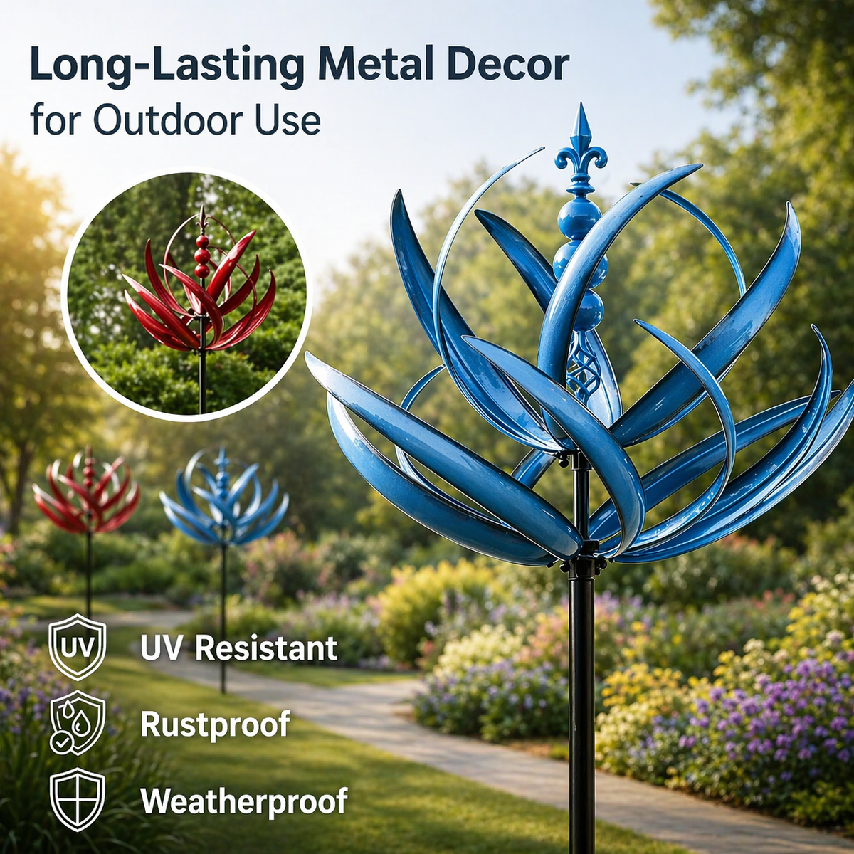 Garden Wind Spinners Metal Lotus Kinetic Rotating with Ground Stake - Image 6