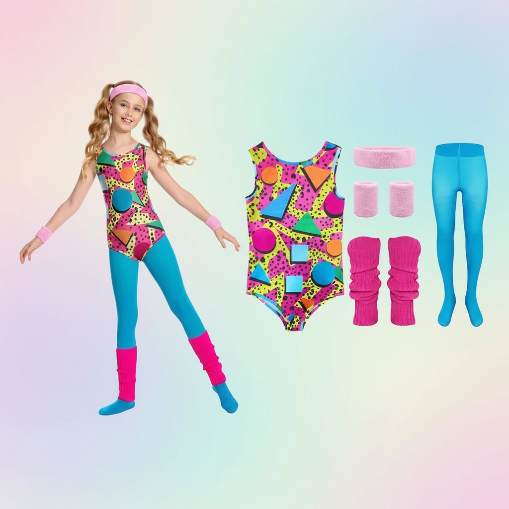 Girls' Halloween 80s Costume Party Workout Outfit with Leotard Leggings Wear - Image 1