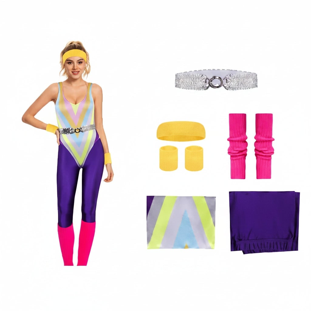 Girls' Halloween 80s Costume Party Workout Outfit with Leotard Leggings Wear - Image 2